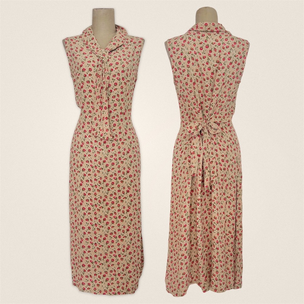 Vintage Floral Rose Collar Tie April Cornell Maxi Sun Dress Tan Pink Size Small